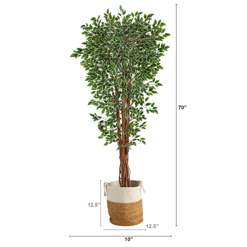 70in Variegated Ficus Artificial Tree in Handmade Jute and Cotton Planter with UV Resistant Greenery for Indoor Decor