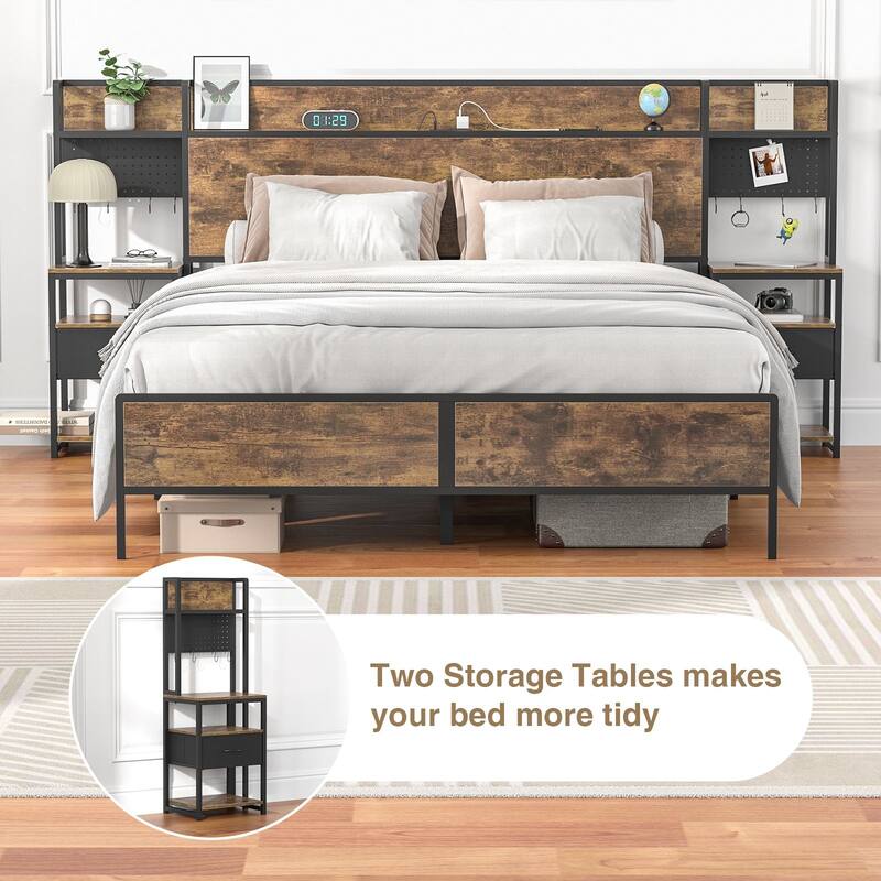 Anmytek Rustic Brown Queen/King Bed Frame with 2 Sliding Nightstands - Bookcase Storage Headboard