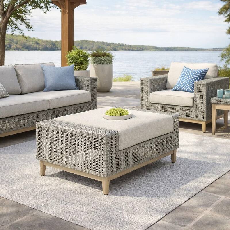 Yami Outdoor Ottoman, 35 Inch, Gray Woven Resin Wicker, Cushioned Seat