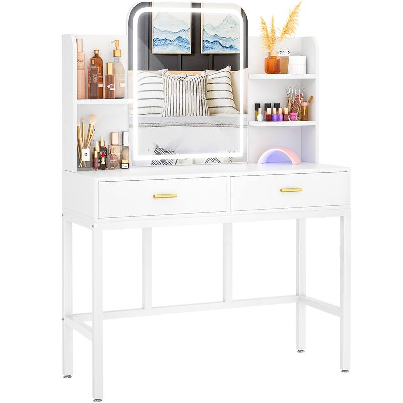 Vanity Table with LED Mirror, Kid's Makeup Vanity Desk with 2 Storage Drawers