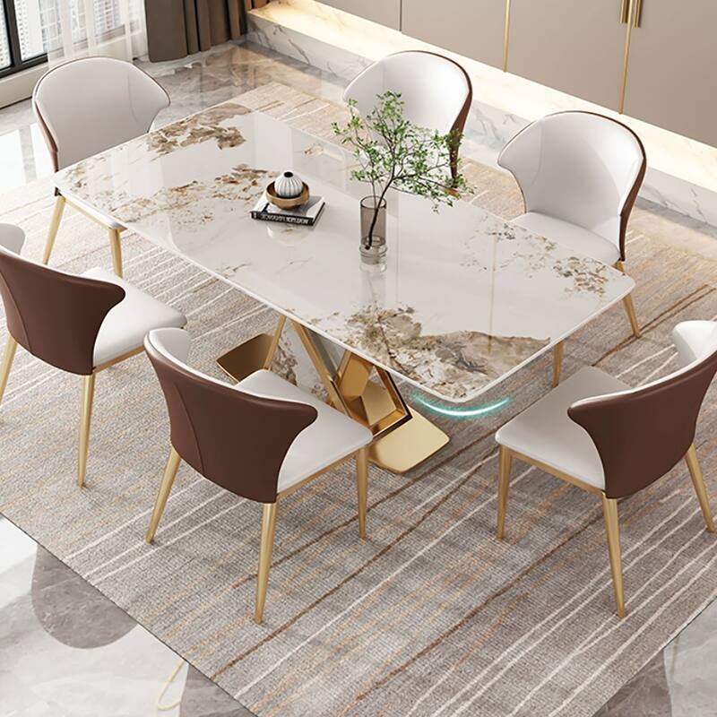 71" Rectangular Modern Dining Table, Glossy Stone tabletop, Luxury Kitchen Table for Dining Room, for 6