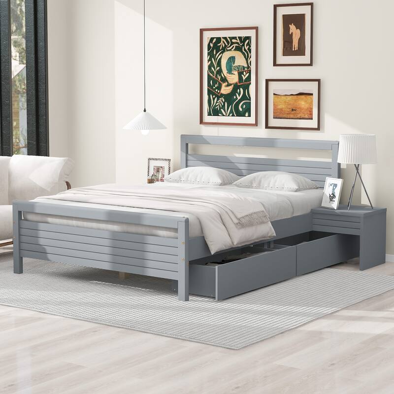 Wooden Platform Bed with Two Storage Drawers - Grey-83.1''L*63.5''W*33.1''H