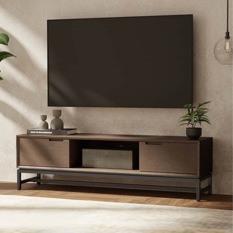 WYNDENHALL Devlin SOLID HARDWOOD 72 inch Wide Modern Industrial TV Media Stand in Walnut Brown For TVs up to 80 inches - Walnut Brown