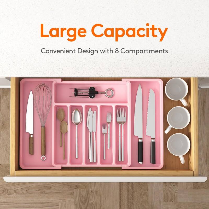 BPA-Free Expandable Silverware Drawer Organizer-Pink Large