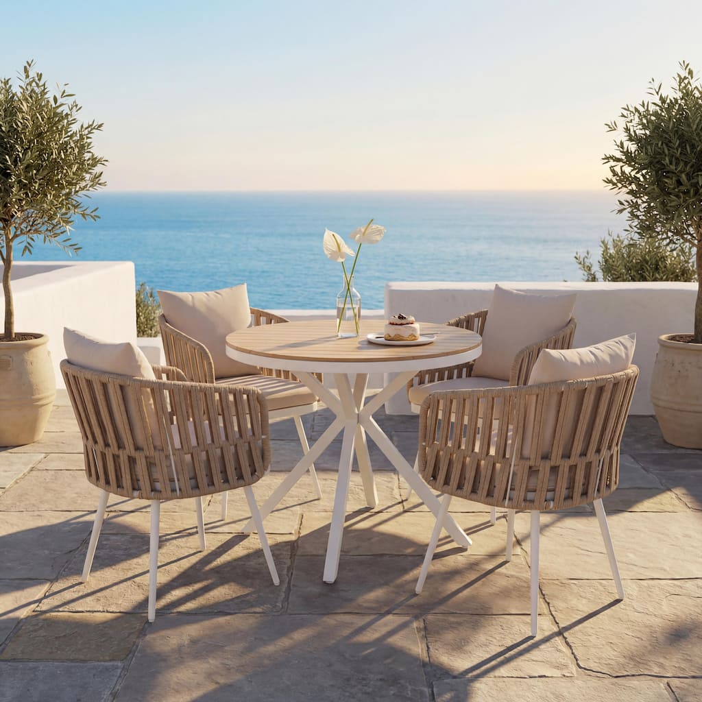Acacia Wood Outdoor Dining Set - Round Table with 4 Metal Frame Rope Chairs
