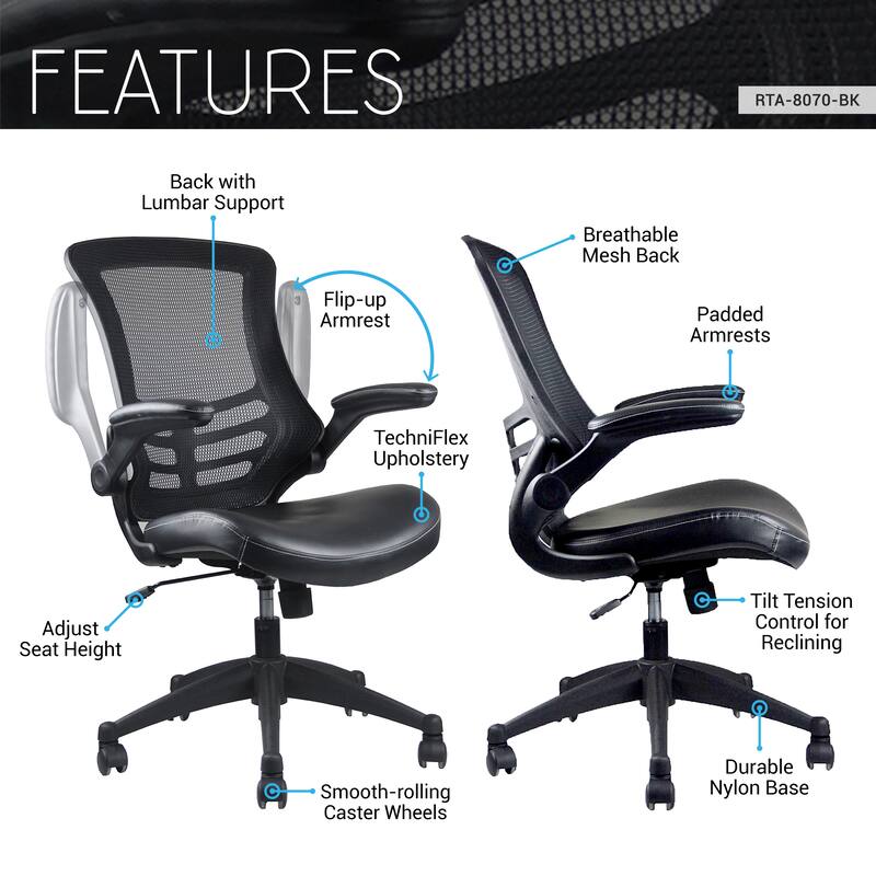 Techni Mobili Stylish Mid-Back Mesh Office Chair with Adjustable Arms, Black