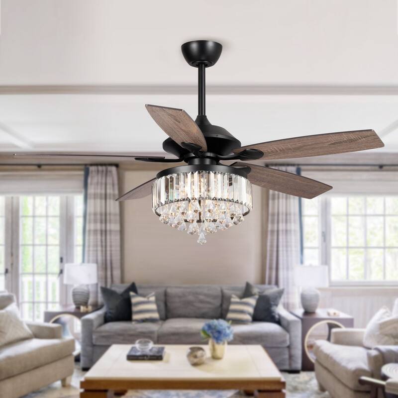 Modern 52-inch Wood 5-Blade Crystal LED Ceiling Fan with Remote - 52-in