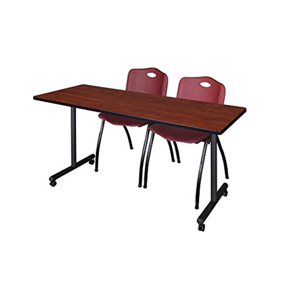 66" x 24" Mobile Training Table- Cherry & 2 'M' Stack Chairs- Burgundy