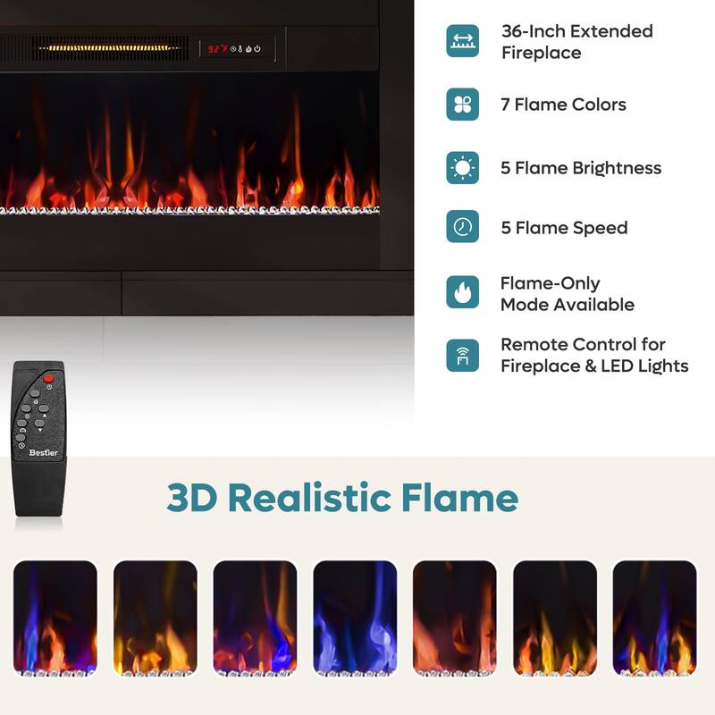 Bestier 71 in. Freestanding Fireplace TV Stand for TVs Up to 80 in. with Ample Storage in Glossy - 22.83hx71wx15.75d