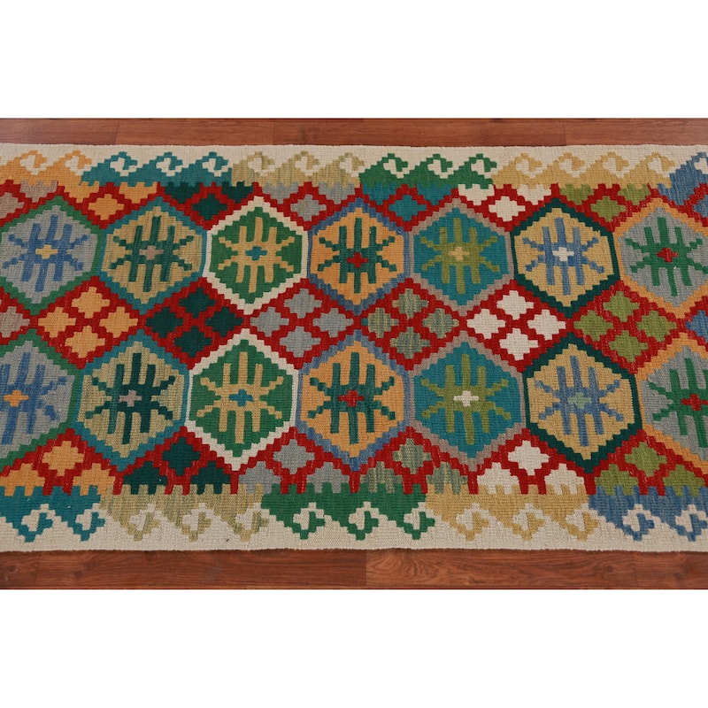 Multicolored Kilim Runner Rug Hand-Woven Geometric Wool Carpet - 2'10" x 16'0"