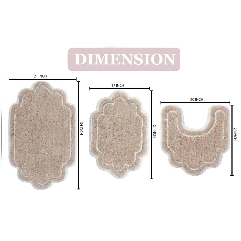 Allure Collection 100% Cotton Non-Slip Bathroom Rug Set, 3 Piece Machine Washable- Bathroom Rug, Bath Rug, U Shaped Contour
