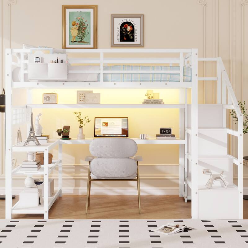 Full Size Loft Bed with Staircase and Wardrobe, Metal Loft Bed with Desk, Storage Shelves, LED Lights