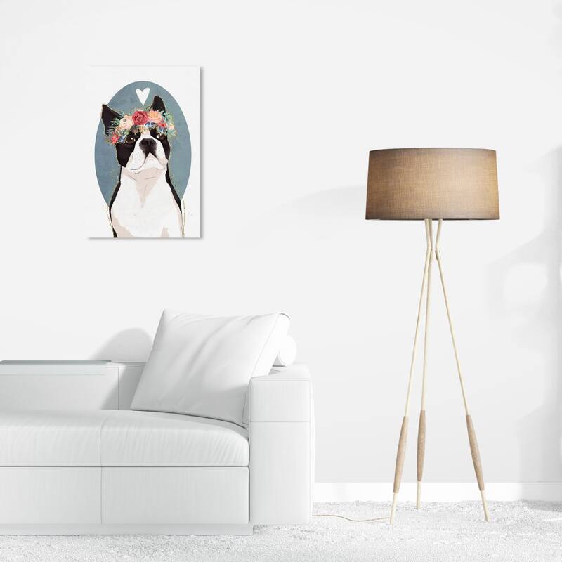Wynwood Studio Canvas Fashion and Glam Floral Dog Portrait White and Light Blue Modern & Contemporary Wall Art Canvas Print - 24 x 16