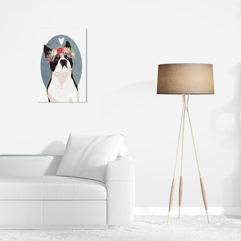 Wynwood Studio Canvas Fashion and Glam Floral Dog Portrait White and Light Blue Modern & Contemporary Wall Art Canvas Print