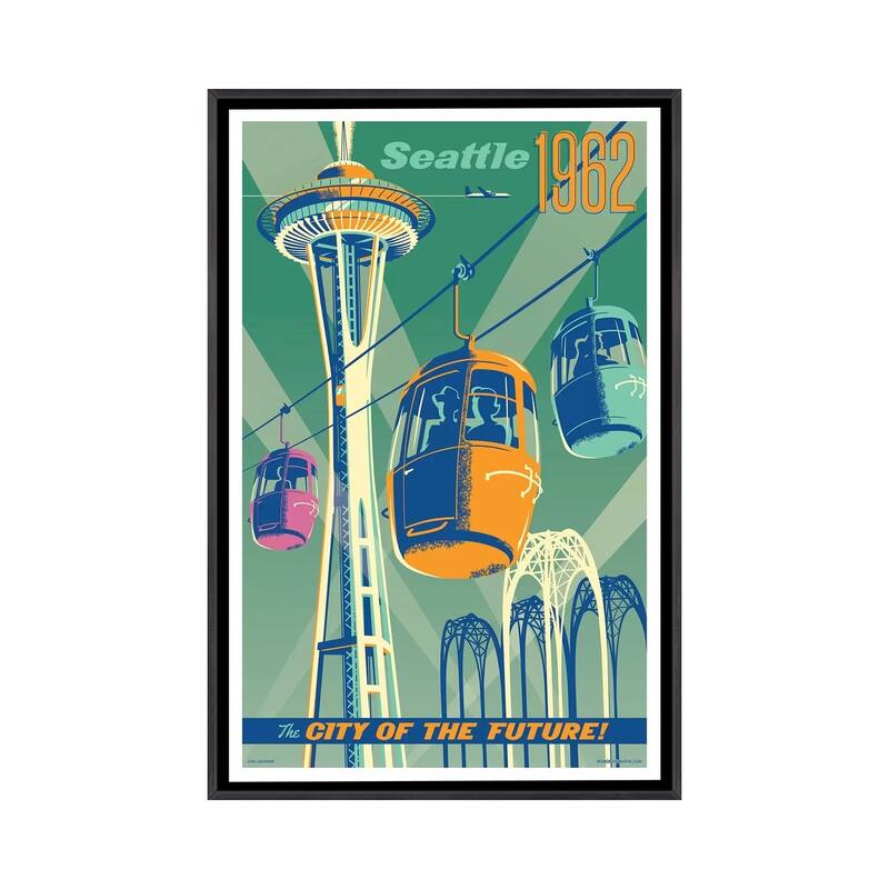 iCanvas "Seattle 1962 Travel Poster" by Jim Zahniser Framed - Ebony - 48x32