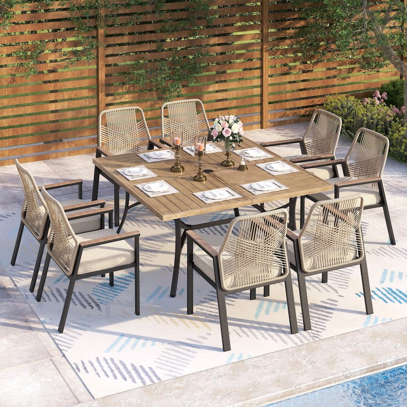 MAISON ARTS 9 Pieces Outdoor Patio Dining Set with Square Table and Cushioned Woven Wicker Dining Chairs - Brown Table Top + Fixed Chair