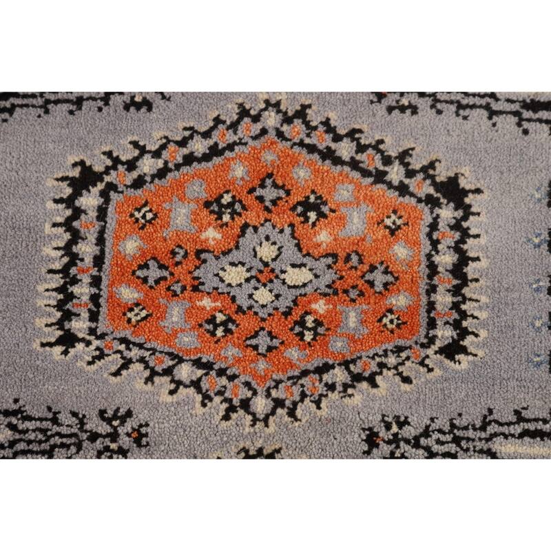 Gray Geometric Viss Indian Runner Rug Handmade Wool Carpet - 2'6"x 8'0"