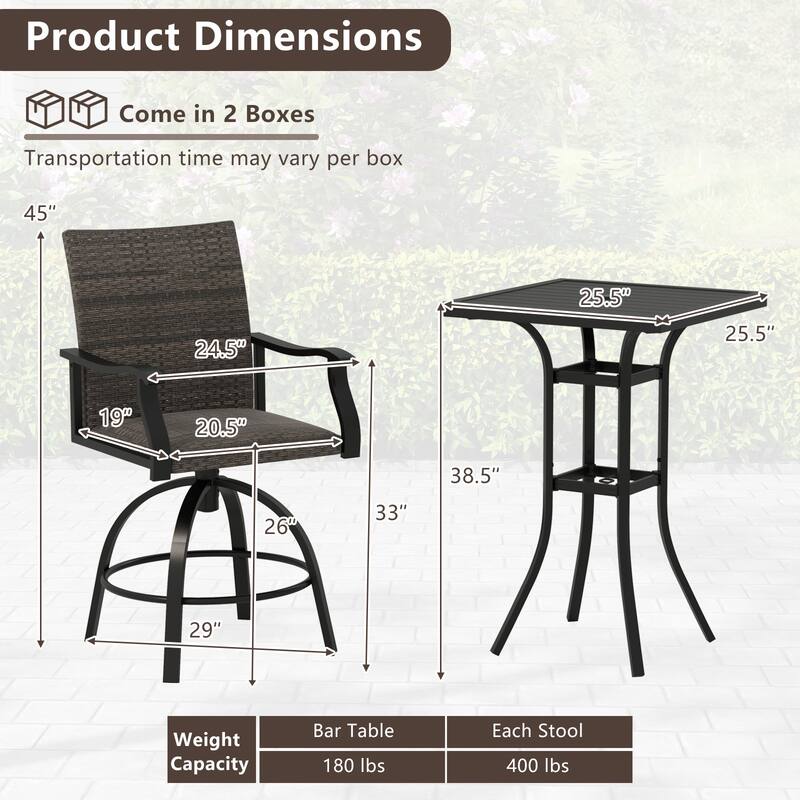 Gymax 3 PCS PE Wicker Patio Swivel Bar Set Table & Chairs w/