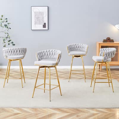 Roomfitters Swivel Bar Stools with Linen Cushions and Golden Metal Legs, Set of 4, Light Gray