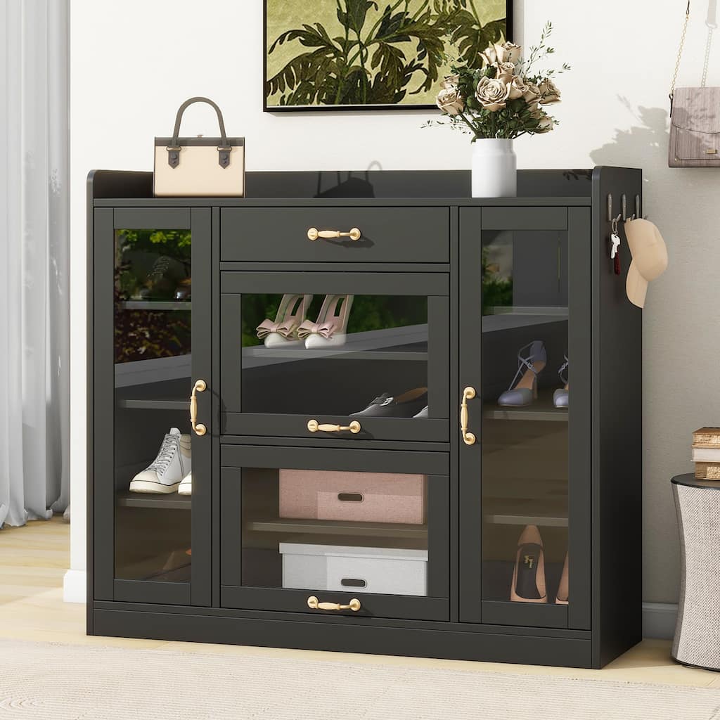 Modern Shoe Cabinet with 4 Glass Doors & 3 Hooks