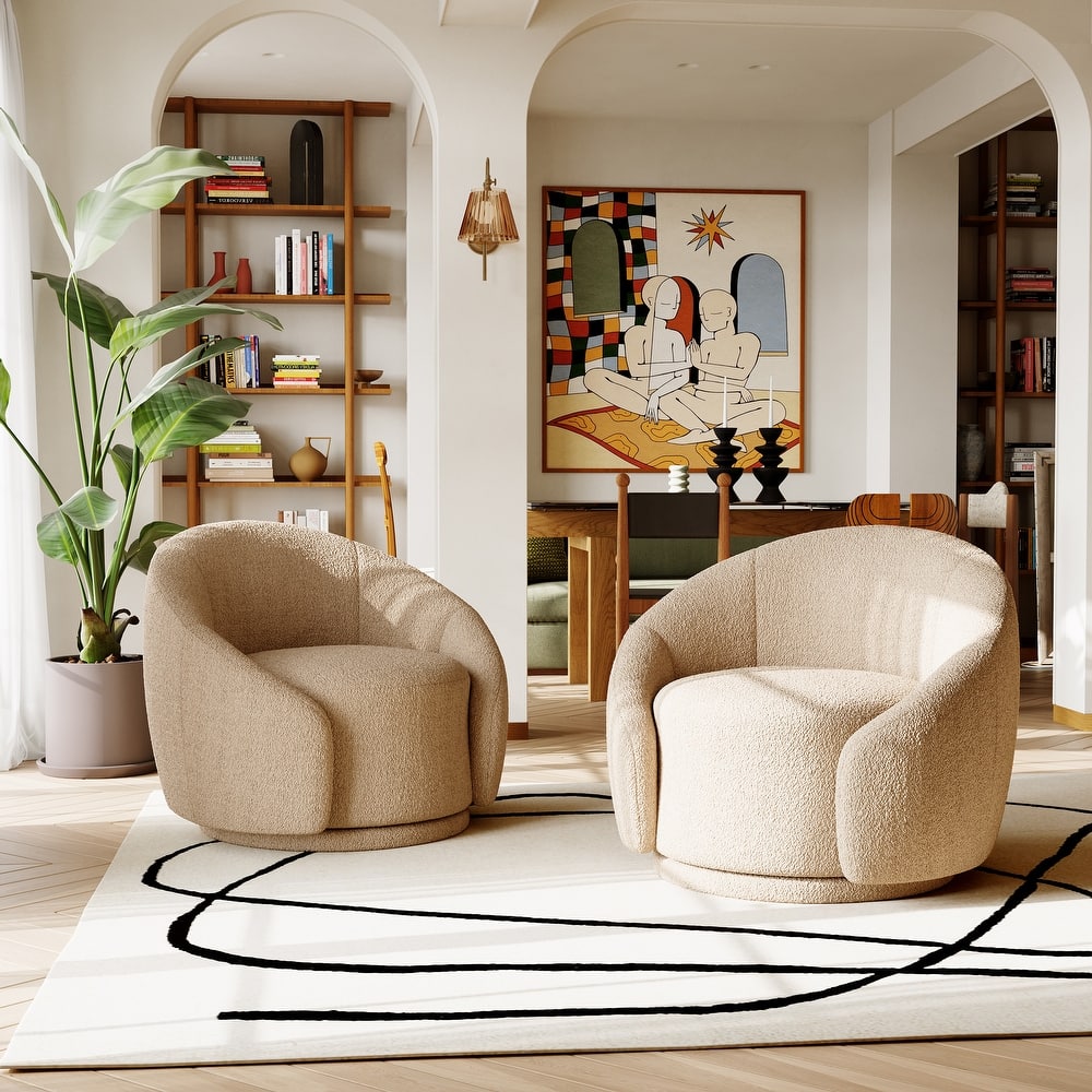 35" Wide 2 Set Velvet/ Boucle Barrel Swivel Chair