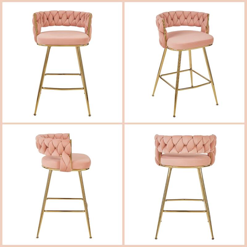 VECELO Counter Height Bar Stools with Woven Backrest 26.77" Seat Height Mid-Century Modern Upholstered Bar Chairs for Kitchen