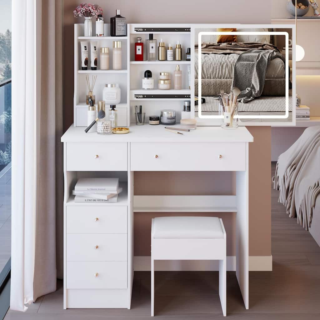 37" Middle Size Left Drawer Desktop Vanity Table + Cushioned Stool, Large Sliding, Touch Control, Brightness Adjust LED Mirror