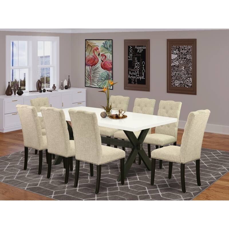 Modern 9-Piece Dining Set - Rectangular Table with 8 Parson Chairs - Linen White & Black Finish