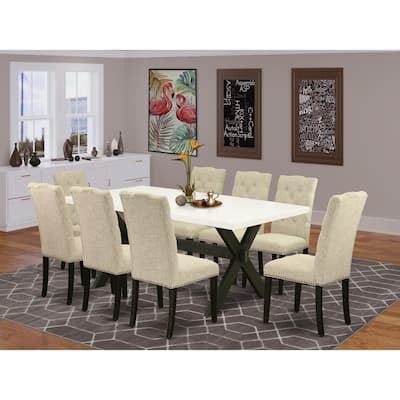 Modern 9-Piece Dining Set - Rectangular Table with 8 Parson Chairs - Linen White & Black Finish