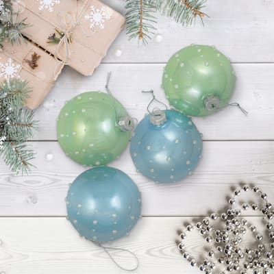 Shiny Glass Ball Christmas Ornaments with Pearl Drops - 3" (80mm) - Blue and Green - 4ct