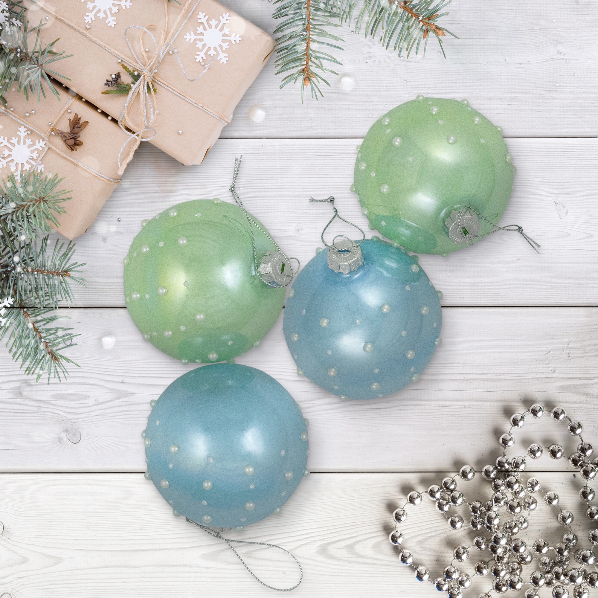 Shiny Glass Ball Ornaments Pearl Drops 3" (80mm) Blue Green 4ct