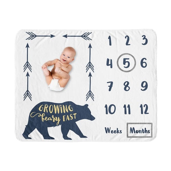 slide 2 of 6, Woodland Forest Bear Boy Baby Monthly Milestone Blanket - Navy Blue and Gold Arrow Big Bear Collection Growing Beary Fast