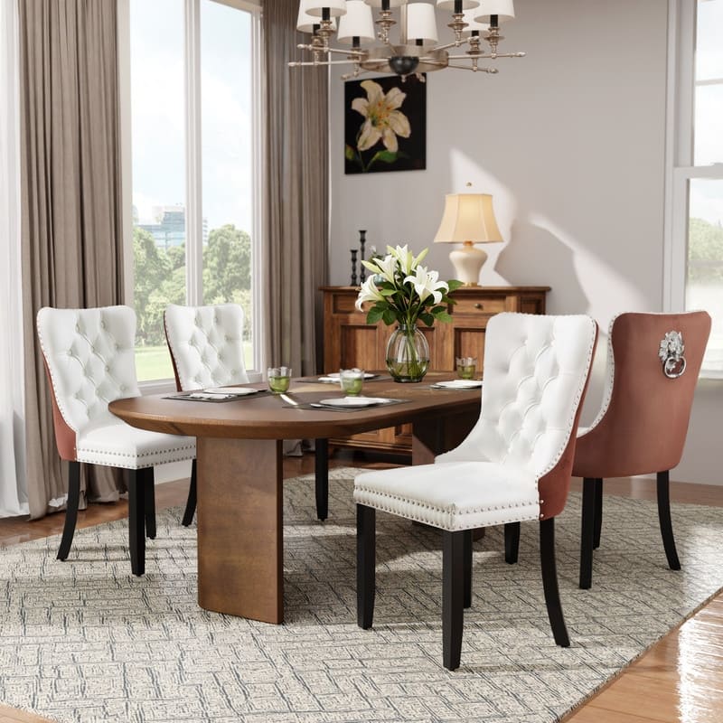 High-end Tufted Velvet Upholstered Nailhead Dining Chair Set of 4 - White Pink