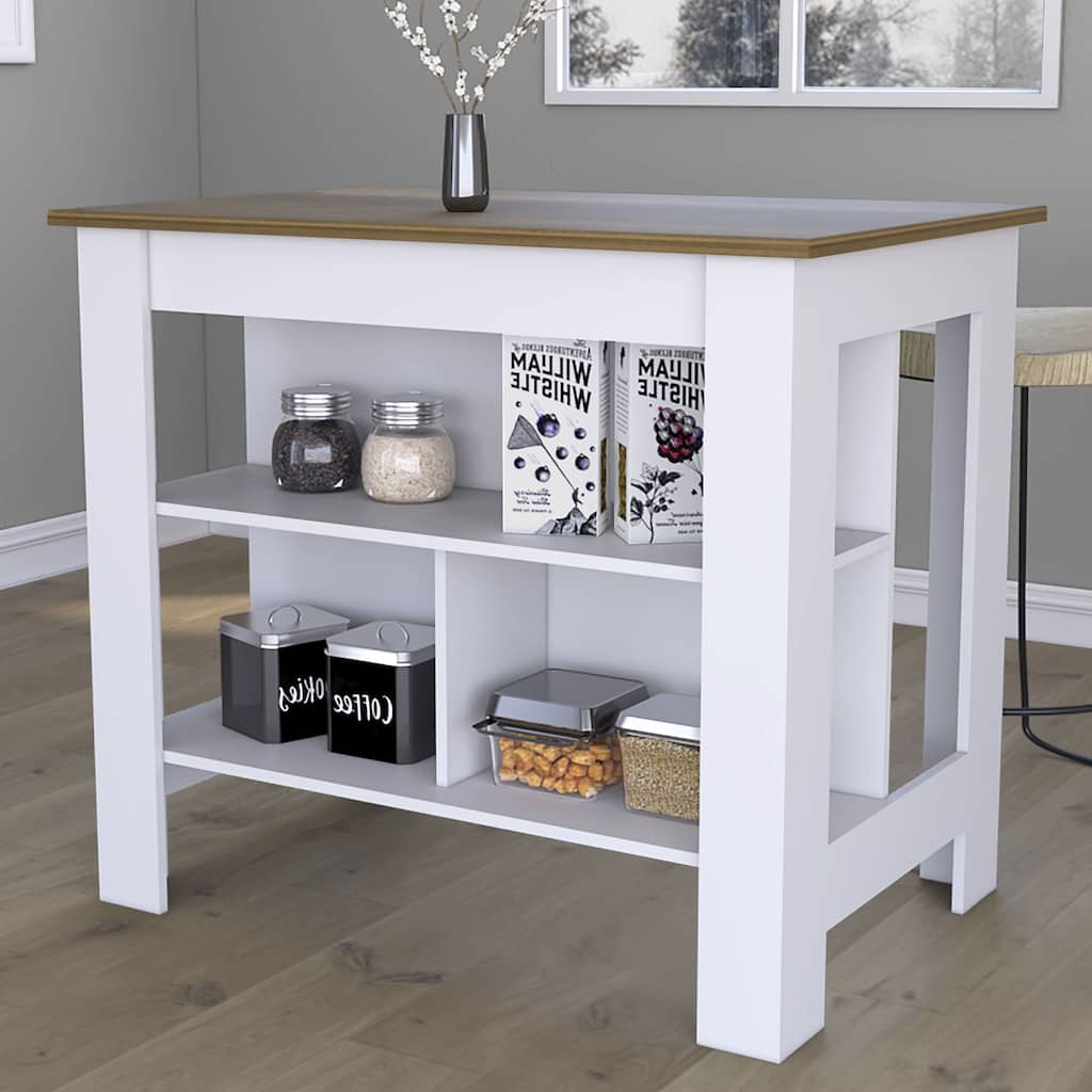 Modern Kitchen Island, 3 Storage Shelves, Spacious Top Surface, White & Walnut Finish, 35.4" Height