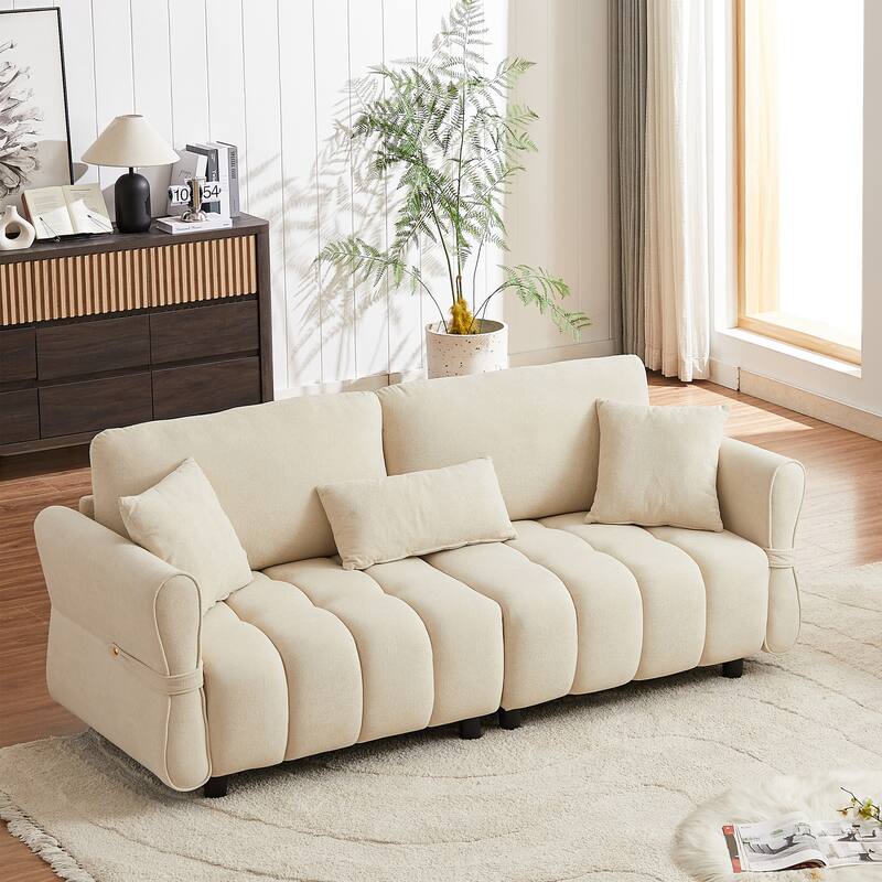 80'' Chenille Fabric Sofa with Lumbar Pillow, 3-seater Upholstered Sofa Chaise with 2 Cushions for Livingroom