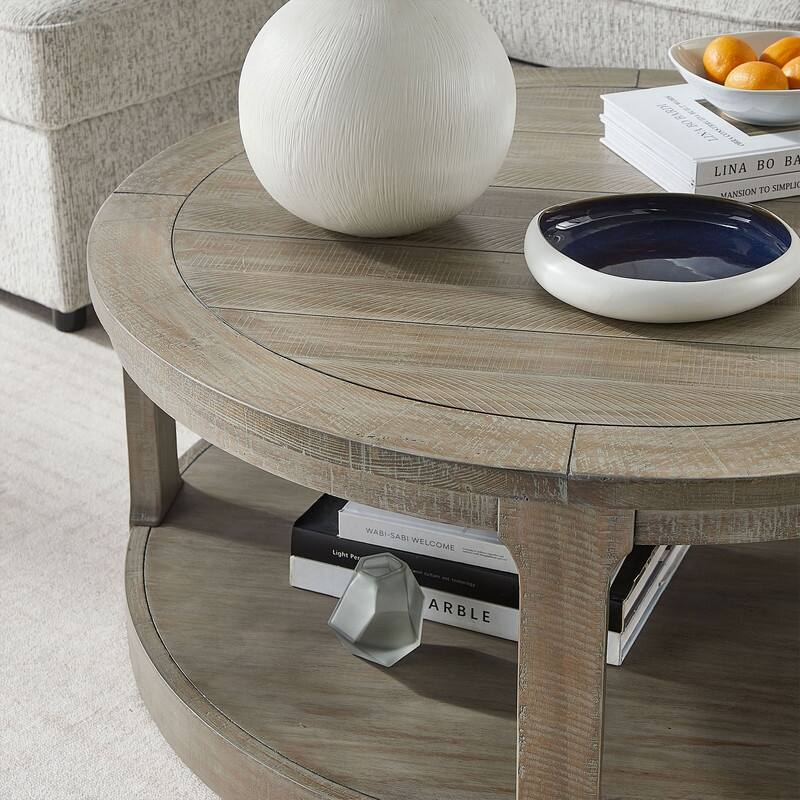 40" Large Curved Two-Tier Traditional Round Wooden Coffee Table with Wheels, Mid-Century Rustic Style