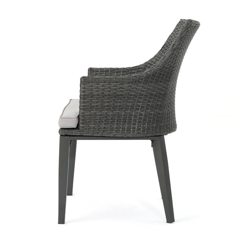 Ellish Outdoor Dining Armchair Set of 2, Gray Faux Wicker, Metal Frame