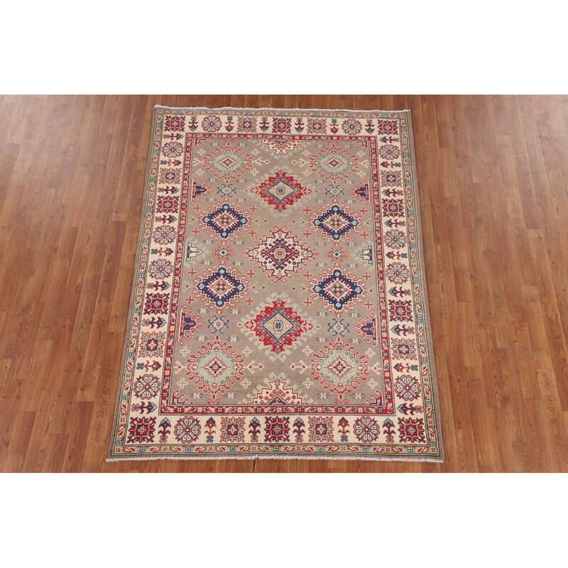 Geometric Kazak Oriental Area Rug Hand-Knotted Traditional Wool Carpet - 5'0" x 6'9"