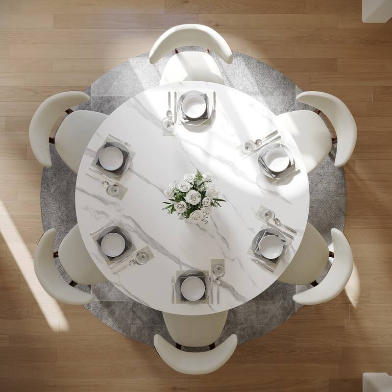 Modern Round Dining Table for Diningroom，White Glossy Stone Tabletop,Bronze Carbon Pedestal