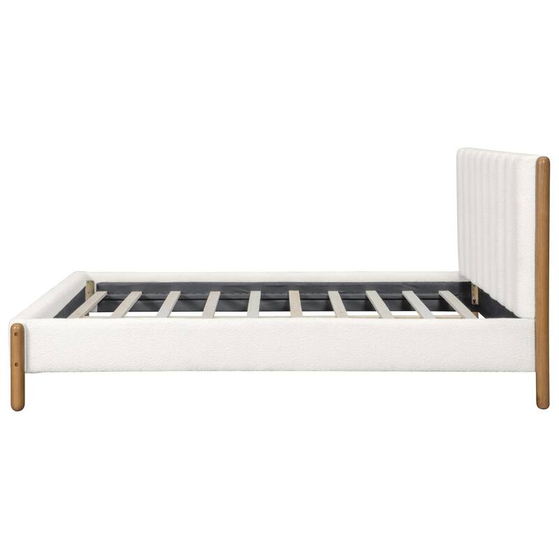 Queen Size Bed Frame with Upholstered Headboard, Solid Wood Legs, White