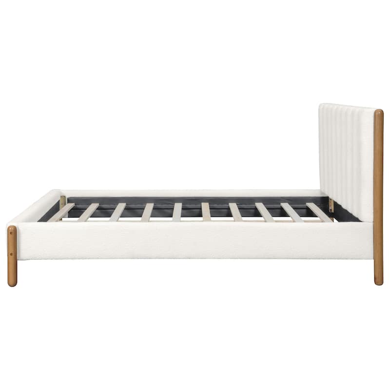 White Upholstered Fabric Bed Frame Platform Bed with Vertical Channel Tufted Headboard, Rubberwood Legs, No Box Spring Needed