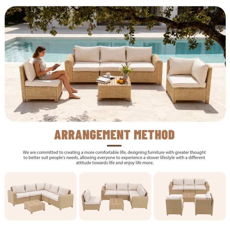 Outdoor Conversation Set L-Shaped Corner Sectional Sofa 6-Piece Patio Modular Sofa and Coffee Table PE Wicker Rattan Acacia Wood