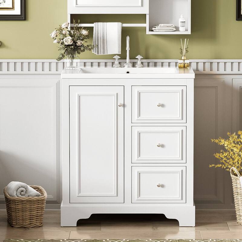 Modern 30" Bathroom Vanity Cabinet with Storage, Rectangular Ceramic Basin, and Soft-Close Design