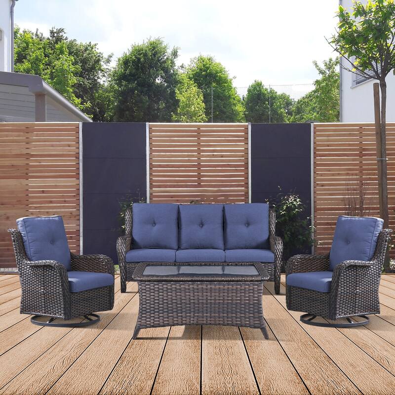 Gymojoy 4-Piece Patio Sofa with Swivel Glider Chair Set - Brown - Blue