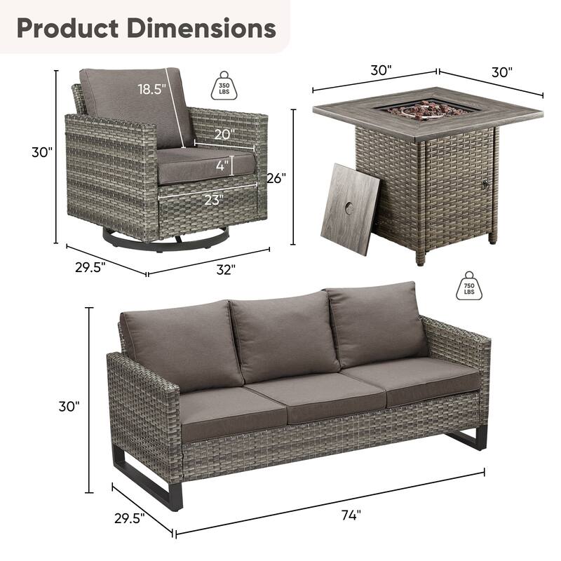 4 Pieces Fire Pit Table with Sofa Swivel Chair Set