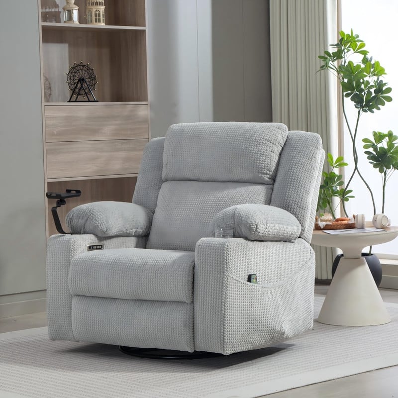 270° Swivel Velvet Recliner, Extra Wide Power Recliner Chair w/Heat Massage - USB & Type C Charging Port - Grey(including the phone holder and cup holder)