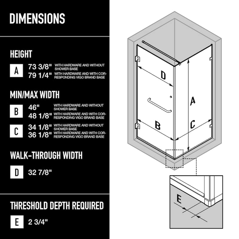 VIGO Pacifica 46"D x 34"W x 73"H Frameless Hinged Shower Enclosure