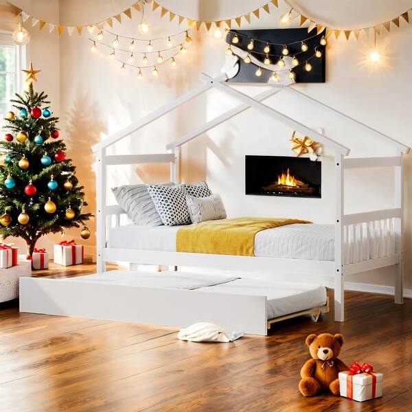 slide 2 of 12, Twin Size Wooden House Bed Platform Bed with Twin Size Trundle and Solid Construction White