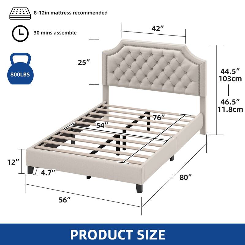 Moasis Linen Upholstered Platform Bed Velvet Bed Frame with Adjustable Headboard
