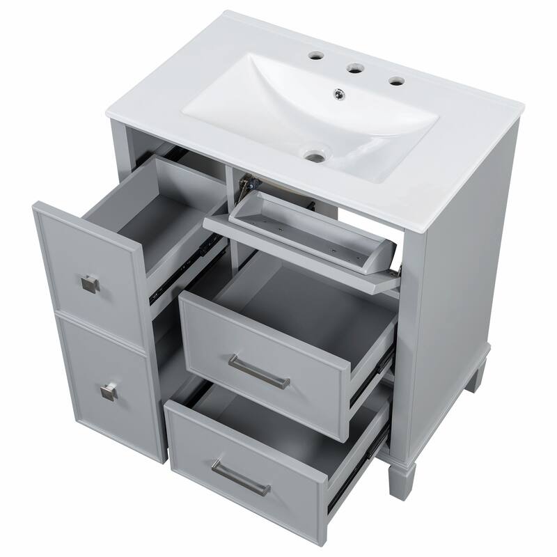 30" Bathroom Vanity with Ceramic Sink, Flip-Out Plumbing Drawer, Soft Close Doors & Drawers